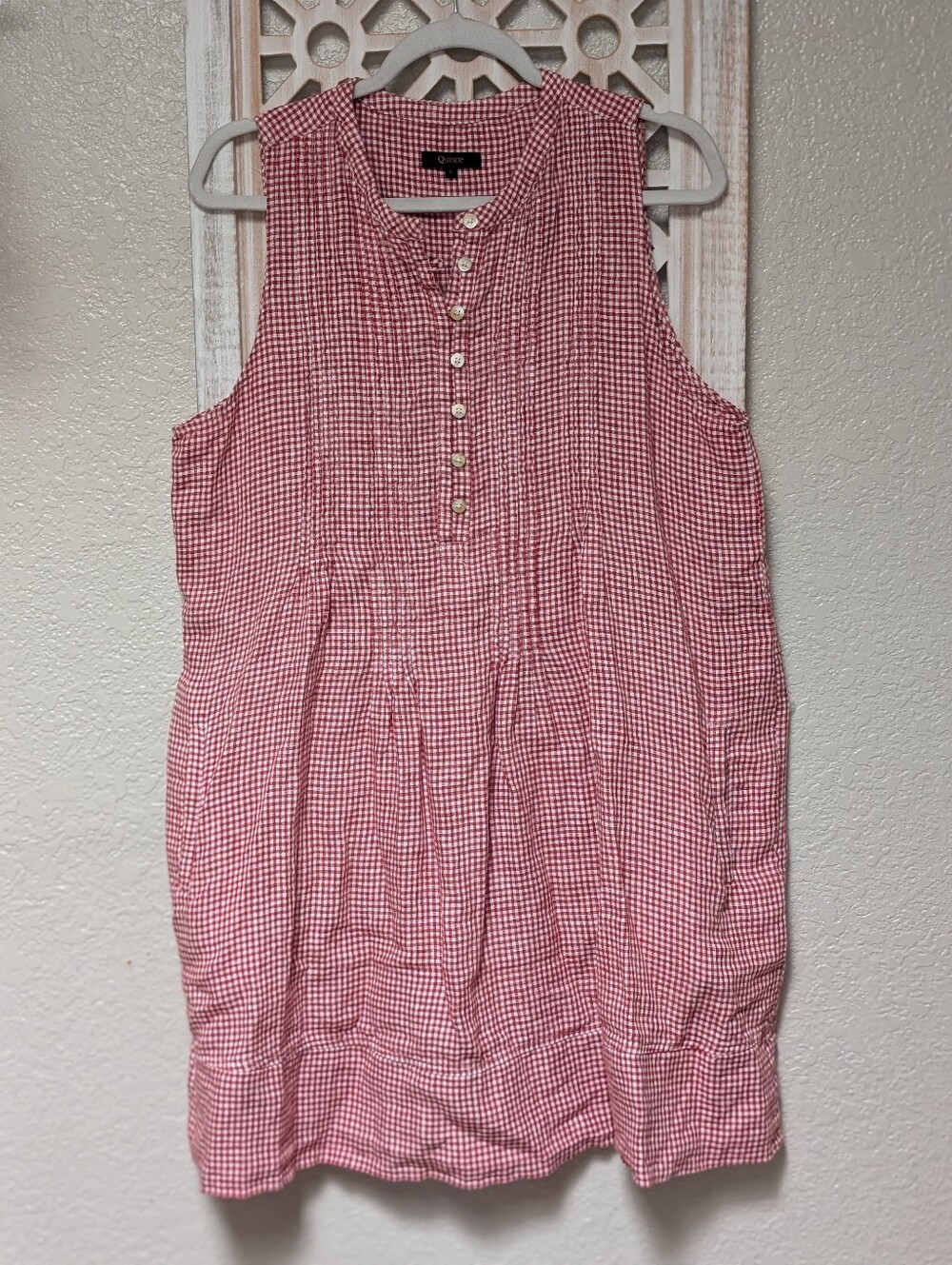 Quince Linen Dress Women LG Red White Gingham Sleeveless Pintuck Coastal Summer